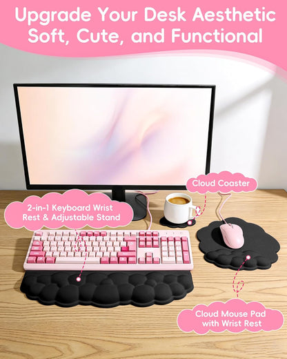 Cloud Wrist Rest Set for Keyboard and Mouse, Ergonomic Memory Foam Wrist Support & Adjustable Keyboard Stand with Two Typing Angles, Silky Lycra Surface, Non-Slip Base (White)