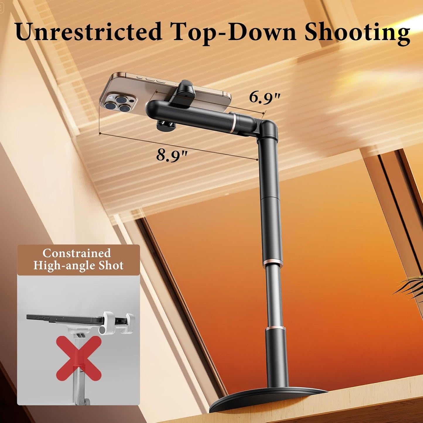 Height/Angle Adjustable Phone Holder, 10"-25" Retractable Tall Phone Stand for Desk,720°Rotatable+180flip Phone Holder Stand for Video Calls Kitchen Table Office Etc -Clip Type