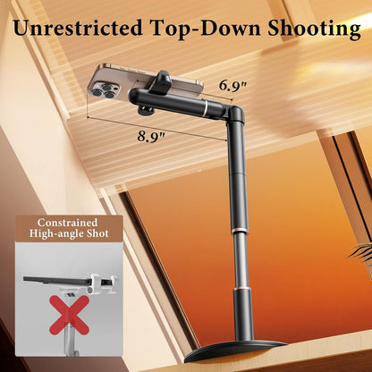 Height/Angle Adjustable Phone Holder, 10"-25" Retractable Tall Phone Stand for Desk,720°Rotatable+180flip Phone Holder Stand for Video Calls Kitchen Table Office Etc -Clip Type