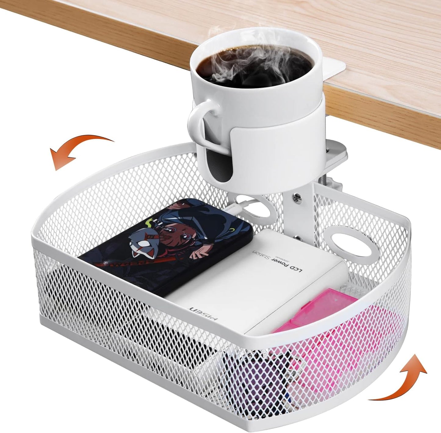 MASTLU Under Desk Organizer,Cup Holder,Table Management Tray, Swivel Pencil Drawer, Office No Drill Steel Organizers,360 Spin Hidden Storage Box with Sturdy C-Clamp,Easy Install (Black)