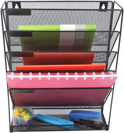 EASEPRES Desk File Organizer Mesh 6-Tier, Hanging Wall Mount Document Organization Stand, Desktop Vertical Mail Paper Folder Holder Rack with Bottom Tray for Office Home Cubicle Countertop, Black