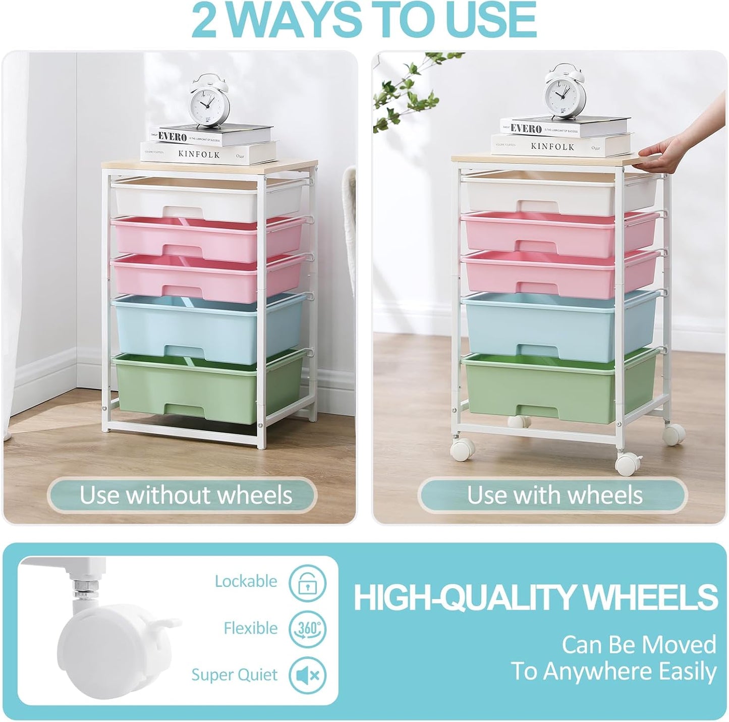 SYKIARIOL Utility Cart with 5 Drawers,Storage Cart with Wooden Tabletop and Lockable Wheels,Craft Storage Trolley Organizer,5-Tier Rolling Utility on Wheels,Light Green