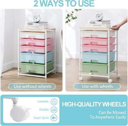 SYKIARIOL Utility Cart with 5 Drawers,Storage Cart with Wooden Tabletop and Lockable Wheels,Craft Storage Trolley Organizer,5-Tier Rolling Utility on Wheels,Light Green