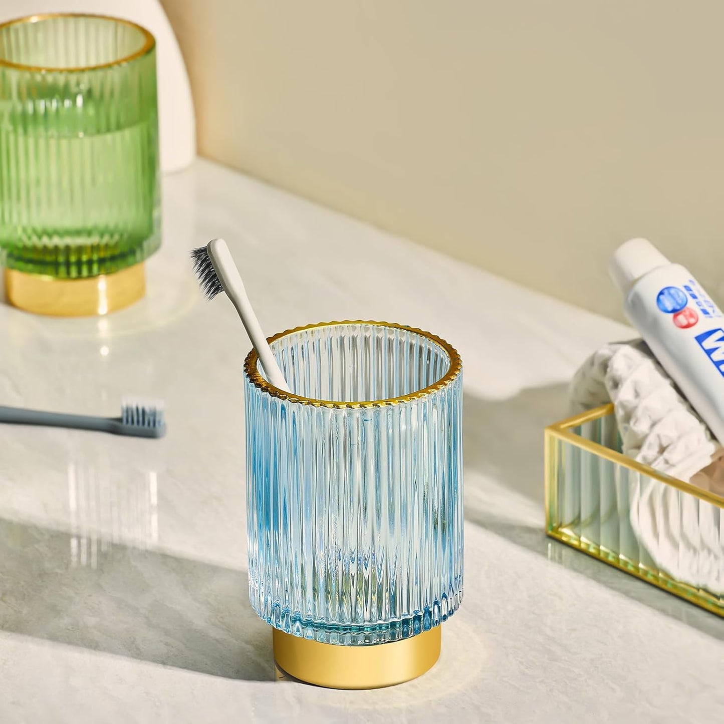Makeup Brush Holder Organizer,Toothbrush Holders,Desk Pen Pencil Holder,Multifunctional Vintage Glass Brush Cup（L/Green/A3-6-US）