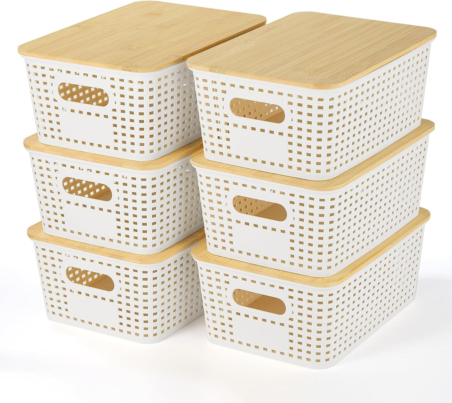 Ohmlove Plastic Storage Baskets With Bamboo Lid - Plastic Storage Containers Stackable Storage bins: Storage Baskets for Organizing Shelves Drawers Desktop Closet Playroom Classroom Office, 6 Pack