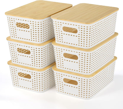 Ohmlove Plastic Storage Baskets With Bamboo Lid - Plastic Storage Containers Stackable Storage bins: Storage Baskets for Organizing Shelves Drawers Desktop Closet Playroom Classroom Office, 6 Pack