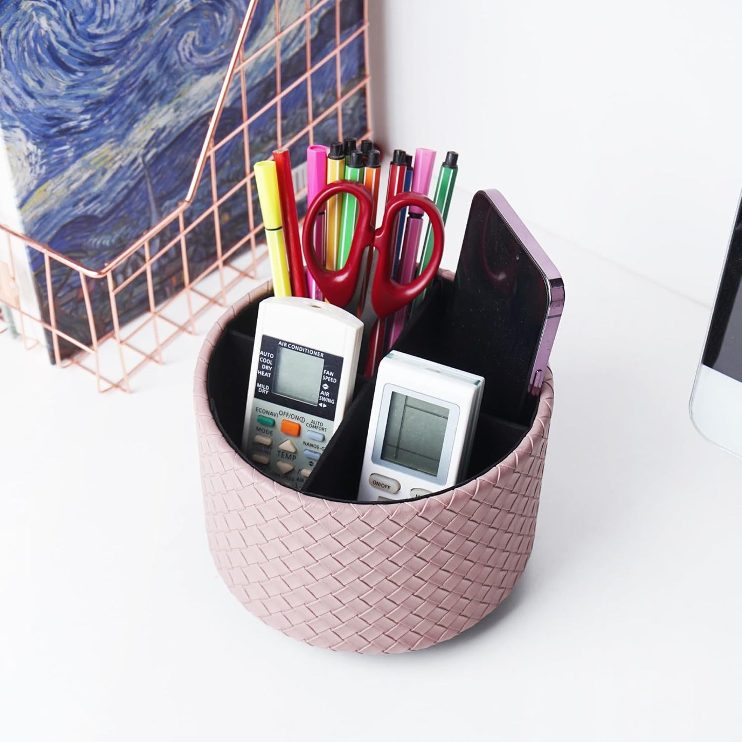 Hennaja Round Leather Art Supply Organizer,Remote Control Holder,360 Degree Rotating,Multi-Functional Pencil Holder,4 Compartments Desktop Stationary Organizer(1-Blue Bird) - Colors C