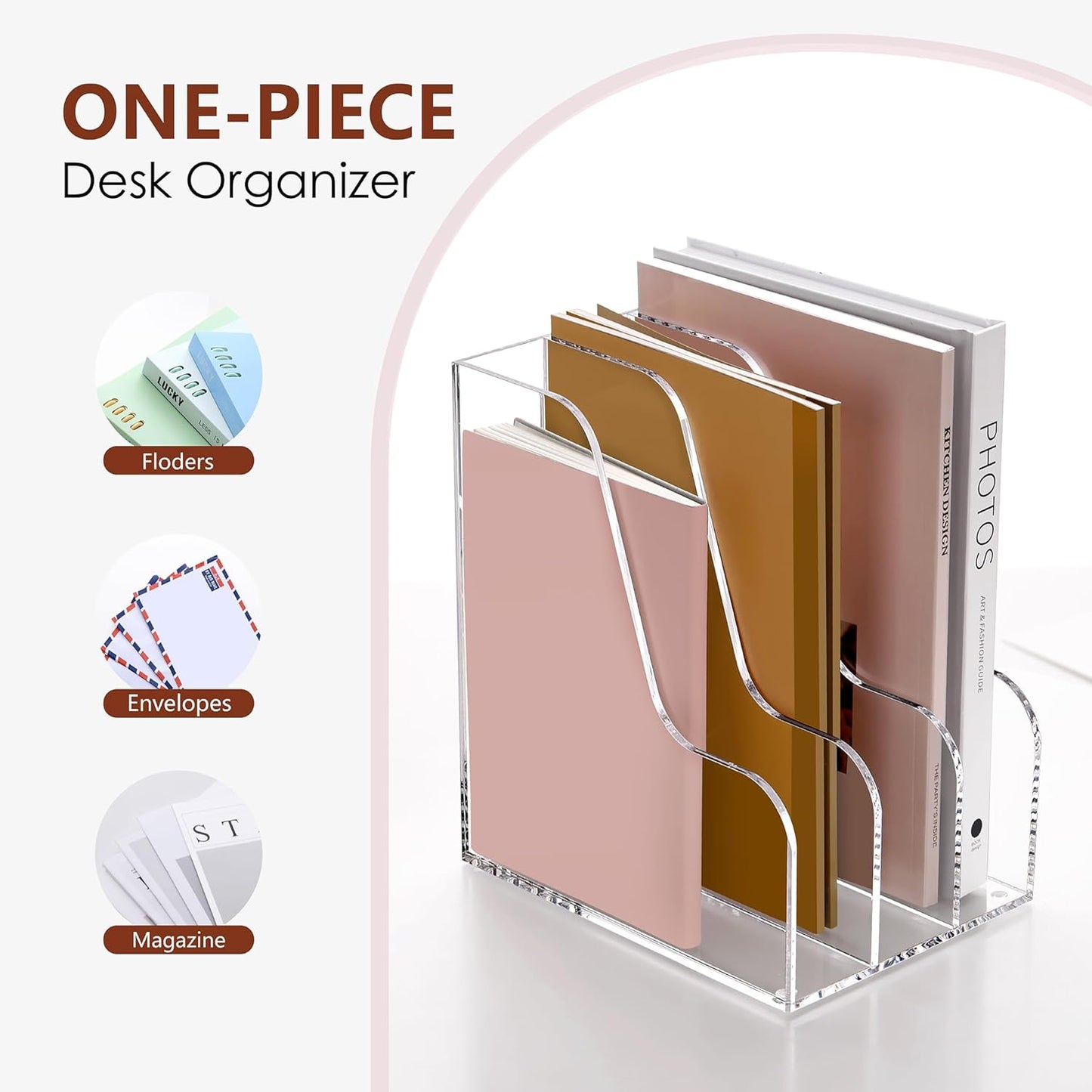 SANRUI Acrylic File Organizer, Clear Magazine File Holder Desk Organizer for Office Organization and Storage with 5 Vertical Compartments, Desktop Bookshelf for Home Office Organization