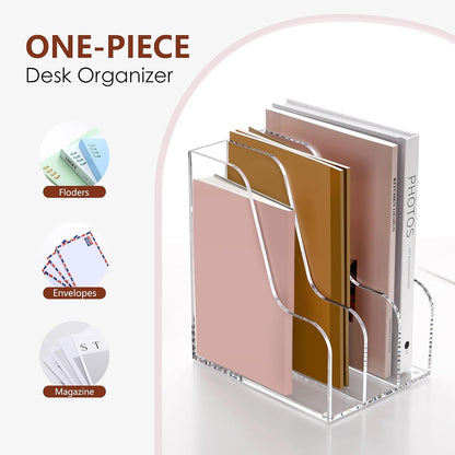 SANRUI Acrylic File Organizer, Clear Magazine File Holder Desk Organizer for Office Organization and Storage with 5 Vertical Compartments, Desktop Bookshelf for Home Office Organization