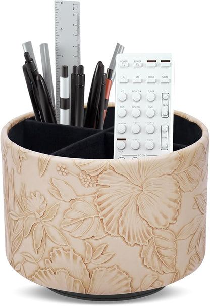 Hennaja Round Leather Art Supply Organizer,Remote Control Holder,360 Degree Rotating,Multi-Functional Pencil Holder,4 Compartments Desktop Stationary Organizer(1-Blue Bird) - Colors B