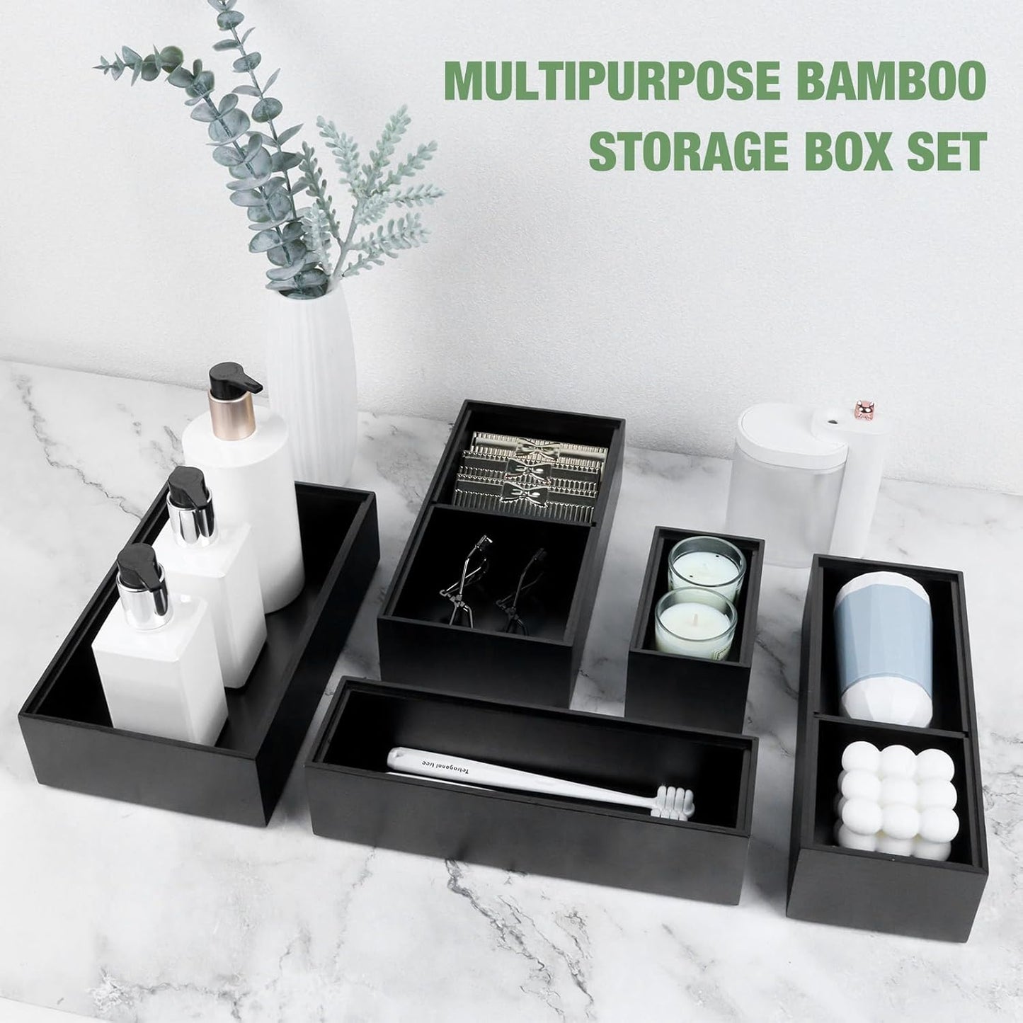 Bamboo Drawer Organizer,5 PCS White Bathroom Tray&Desk Organizers and Storage,Cabinet Divider With Removable Silverware Organization for Kitchen,Utensils,Junk,Office,Makeup