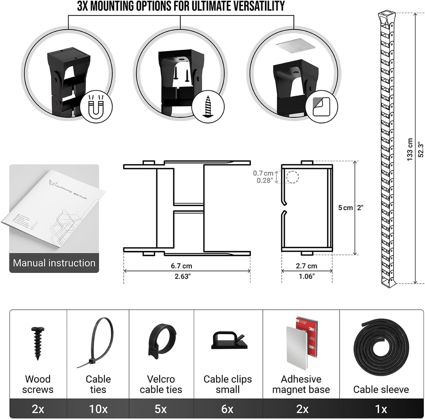 Ultimate Setup Under Desk Cable Management Vertebrae - Perfect for Sit Stand Desk - Wire Management - Adjustable Length - Flexible Cable Spine - Black, 133 cm