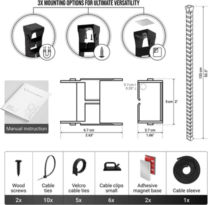 Ultimate Setup Under Desk Cable Management Vertebrae - Perfect for Sit Stand Desk - Wire Management - Adjustable Length - Flexible Cable Spine - Black, 133 cm