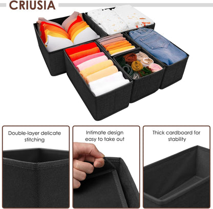 Criusia Foldable Underwear Drawer Organizer, Closet Dividers, Storage Box for Clothes, Socks (6 Bins, Gray)