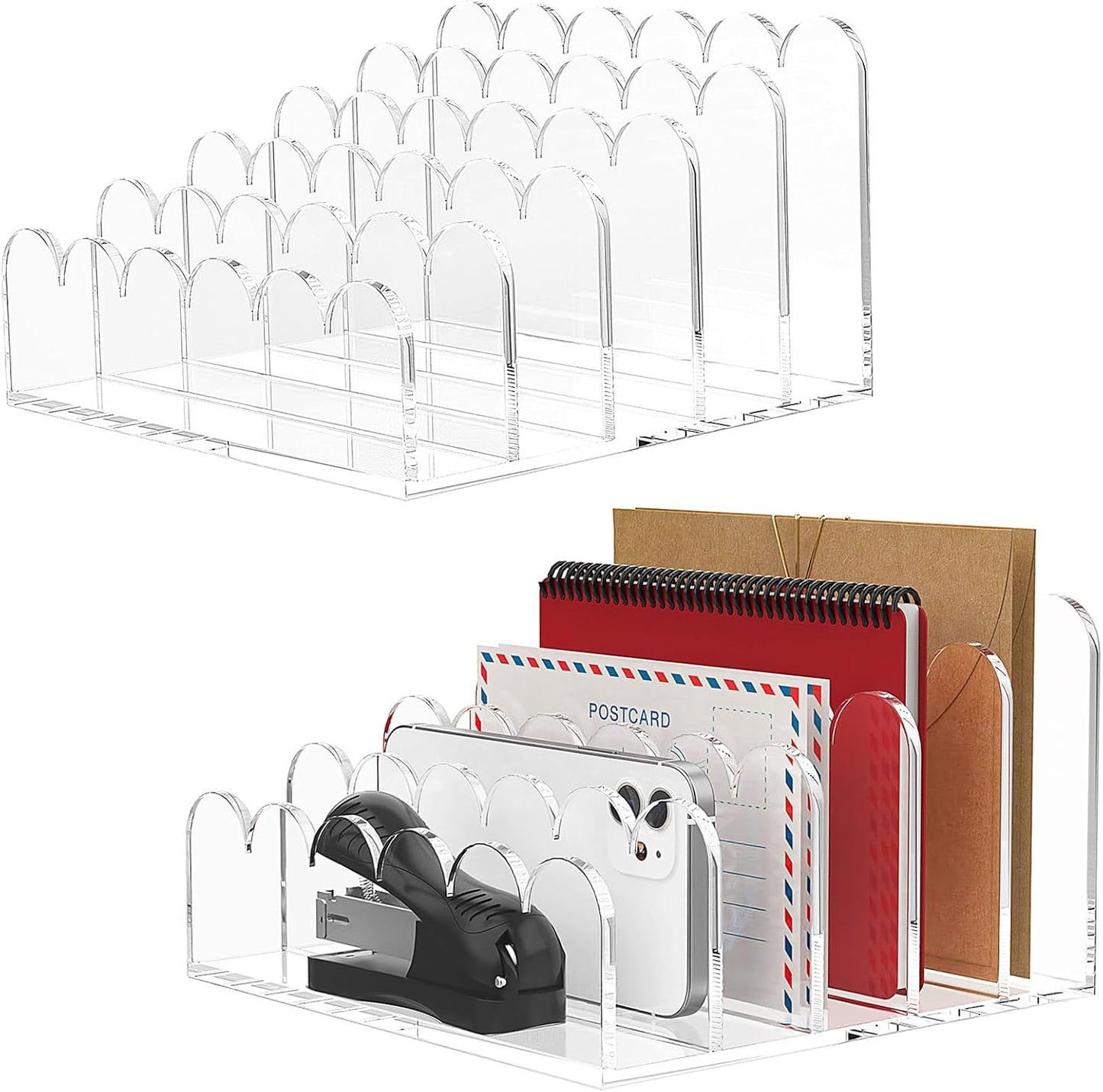 YAGELI 2 Pack 3-Slot Acrylic Mail Organizer for Desktop – Scalloped Clear Document Sorter, Vertical File Holder for Office/Home, Space-Saving Desk Organizer for Letters,Envelope,Bills,Stationery