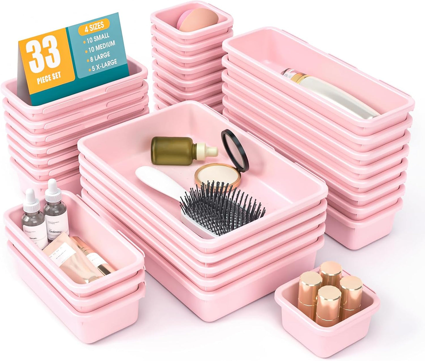 StoreHappily 10 PCS Drawer Organizer Set, 4 Size Makeup Drawer Divider Organizer With Non-Slip Pads, Interlocking Plastic Storage Bins for Office,Jewelry Vanity,Gadgets, Bathroom,Kitchen, Black