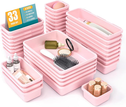 StoreHappily 10 PCS Drawer Organizer Set, 4 Size Makeup Drawer Divider Organizer With Non-Slip Pads, Interlocking Plastic Storage Bins for Office,Jewelry Vanity,Gadgets, Bathroom,Kitchen, Black