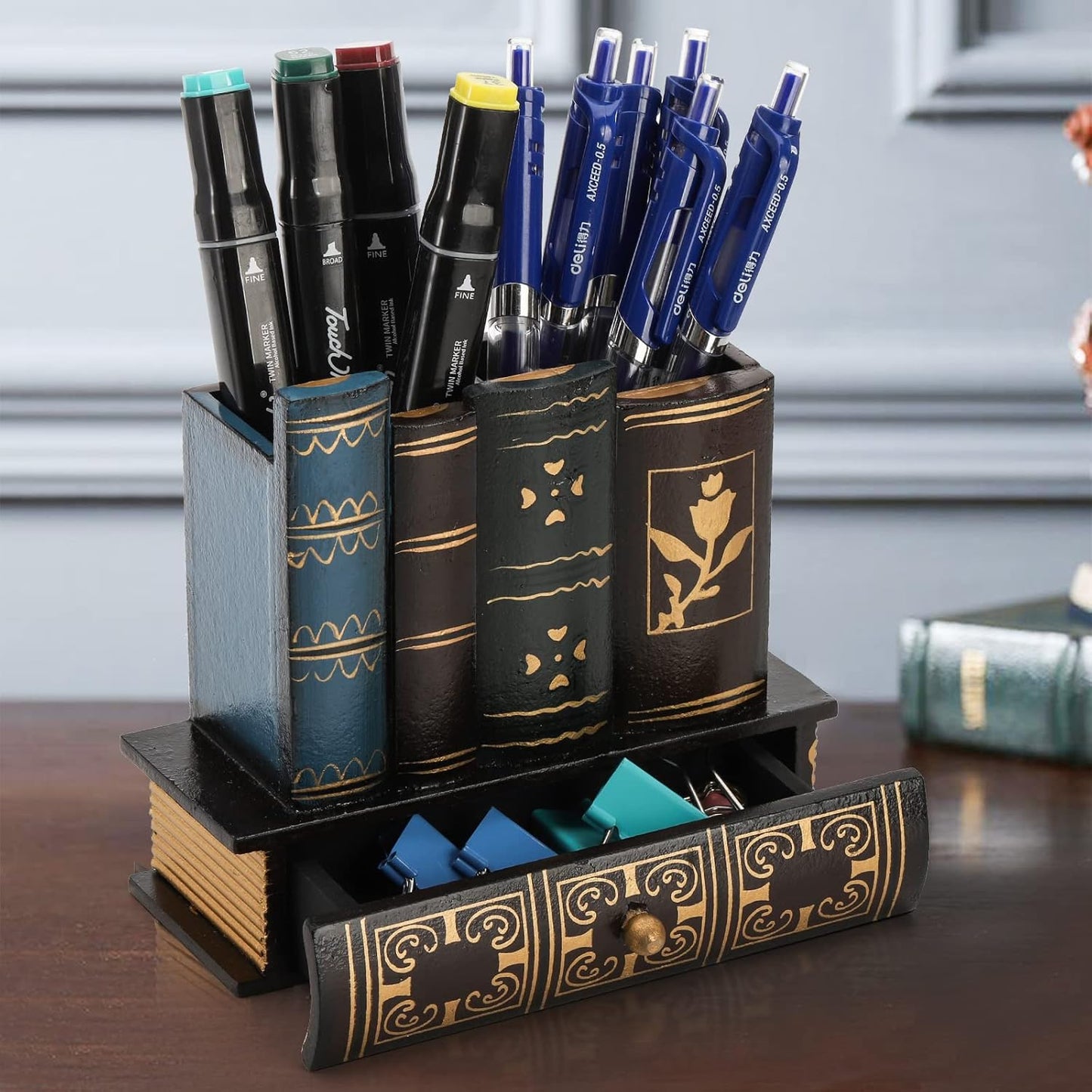 Tosnail Decorative Pen Holder with Storage Drawer, Wooden Pencil Holder Organizer, Antique Library Books Design Pen Cup Caddy, Desk Organizer for Office Supplies, Countertop, Desk, Table Accessory