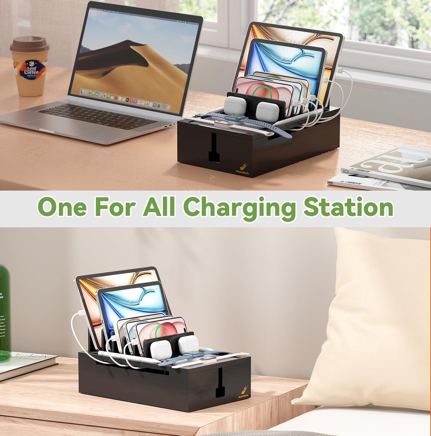 Pezin & Hulin Bamboo Charging Station for Multiple Devices, USB Charger Dock Organizer, with Power Supply (10 Ports HUB), 6 Cables, Cable Management Organizer for Cell Phones, Tablets -Natural+White