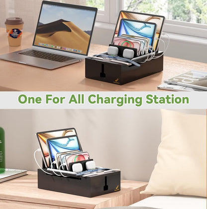 Pezin & Hulin Bamboo Charging Station for Multiple Devices, USB Charger Dock Organizer, with Power Supply (10 Ports HUB), 6 Cables, Cable Management Organizer for Cell Phones, Tablets -Natural+White