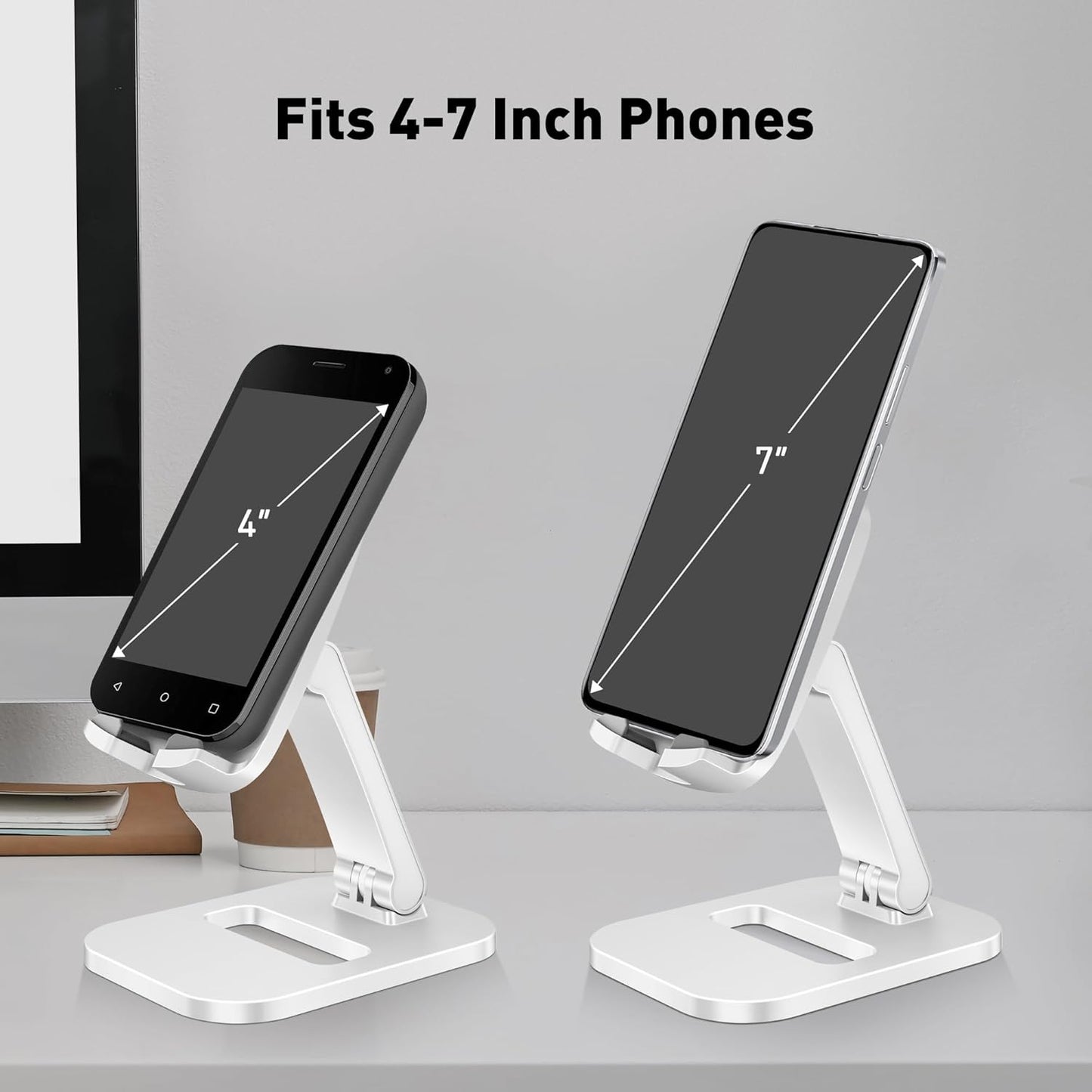 Cell Phone Stand for Desk, Foldable & Adjustable Aluminum Phone Holder Dock - Portable Travel Case Friendly Desktop Cradle for iPhone 17 16 Pro Max Plus Air, Samsung S25 S24, Kindle（White）
