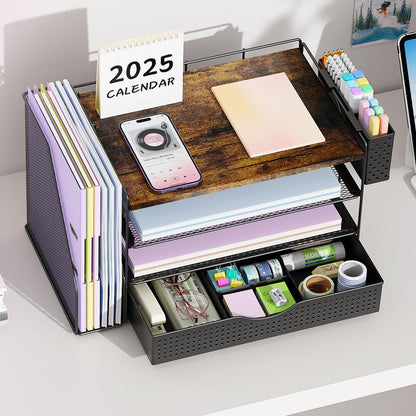 gianotter Wood Desk Organizers and Accessories with File Holder, 4-Tier Desk Accessories & Workspace Organizers with Drawer and Pen Holder, Desk Reference Organizer (Wood)