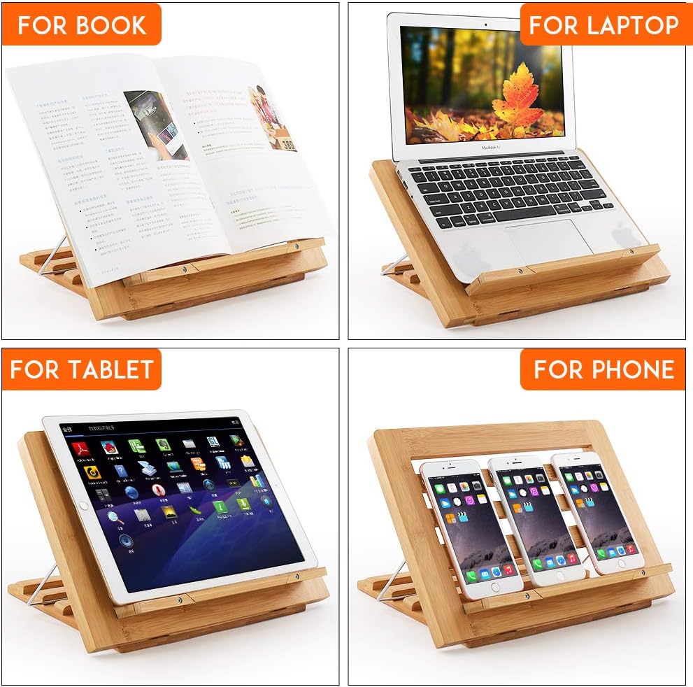 Wooden Desktop Book Stands, Adjustable Book Stand for Reading, Pezin & Hulin Cook Book Holder Seat, Bamboo Foldable Riser for Tablet, Recipe, Laptop with Page Clips