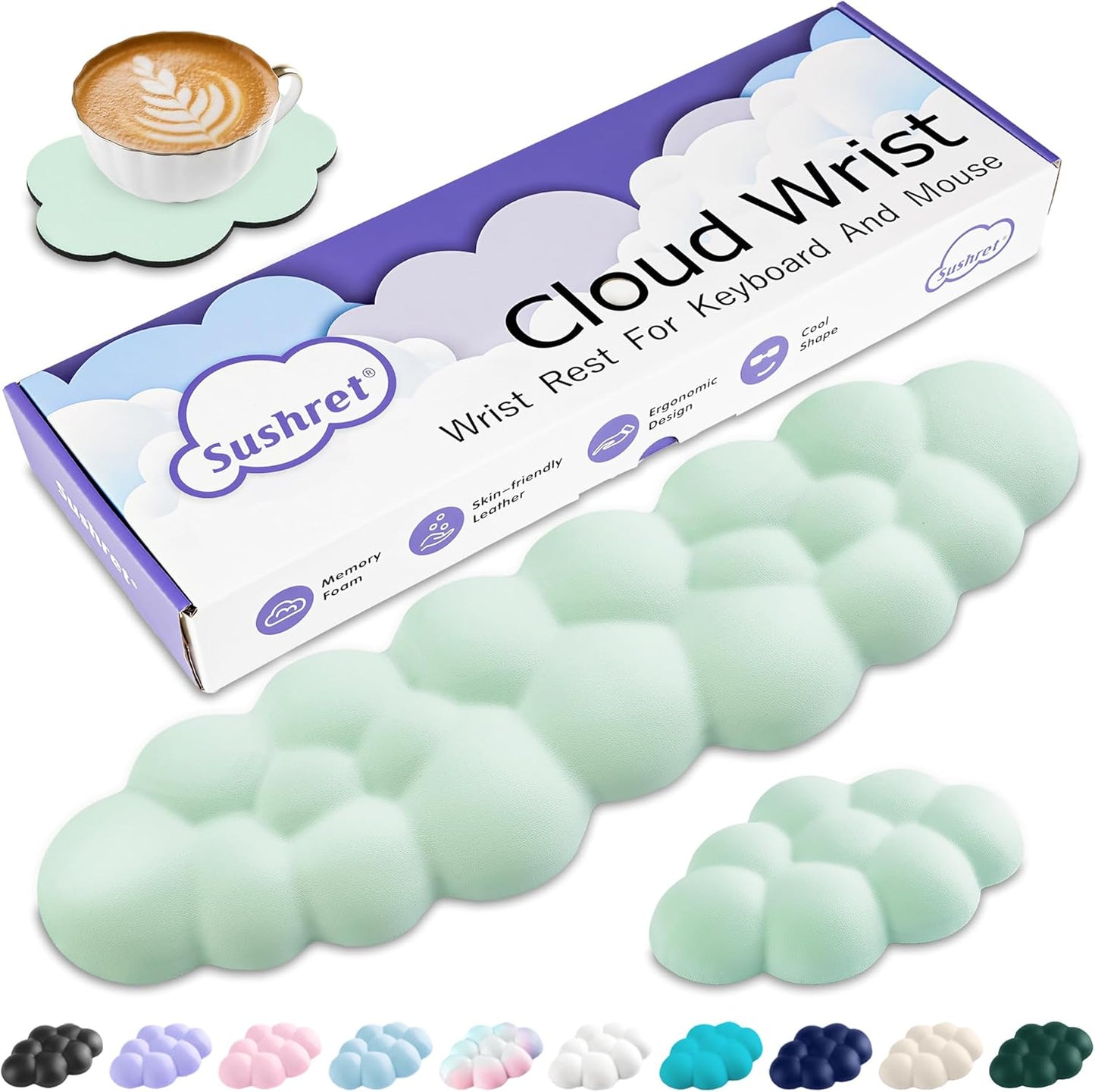 Sushret Cloud Wrist Rest Keyboard, Cloud Keyboard Wrist Pad Set with PU Leather Memory Foam, Cute Arm Rest for Palm Support, PC/Gaming Desk Accessories/Office Setup/Computer Hand Cushion - White