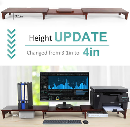 Nnewvante Monitor Stand Riser, 60 inch Large Bamboo Dual Monitor Stand for Desk, 3 Shelves Desktop Screen Riser with Adjustable Length Angle for Computer Laptop PC