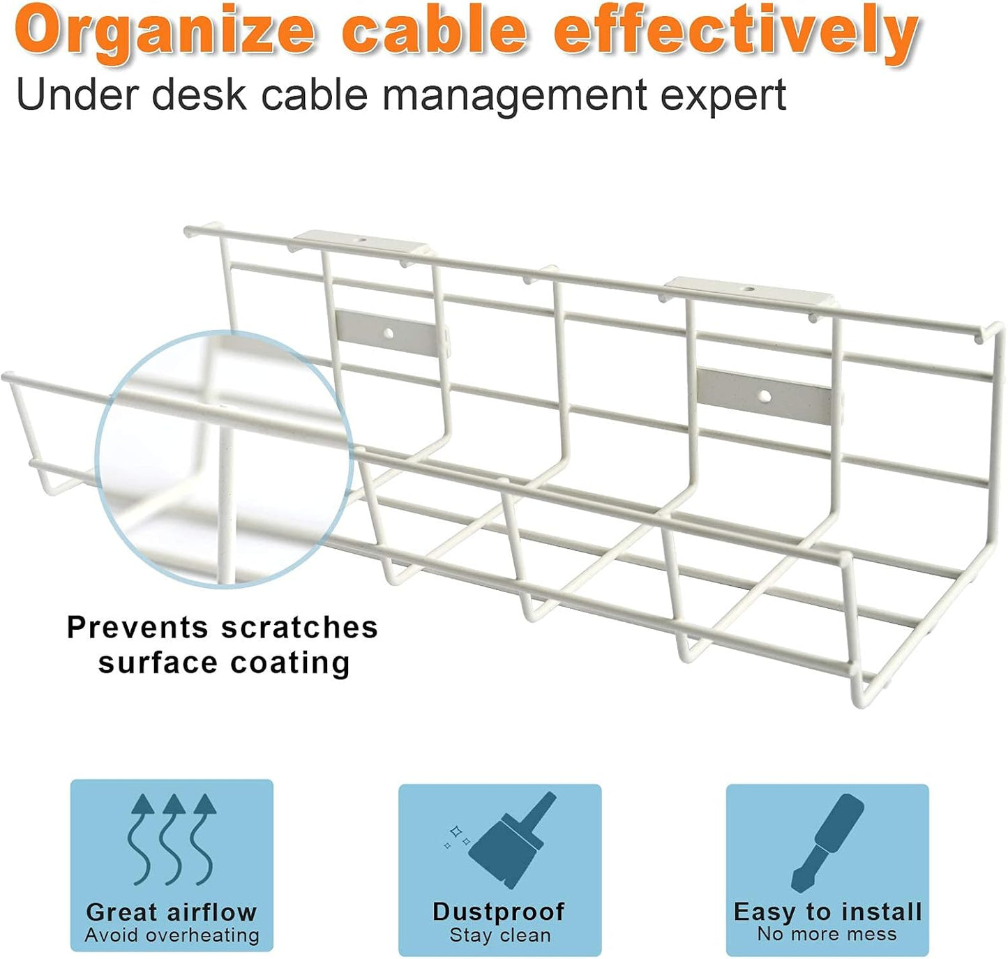 Under Desk Cable Management- 2 Pack Cord Organizer. Metal Wire Cable Management Tray for Office, Studio and Home. Super Sturdy Under Table Cable Management - Black Cable Organizer