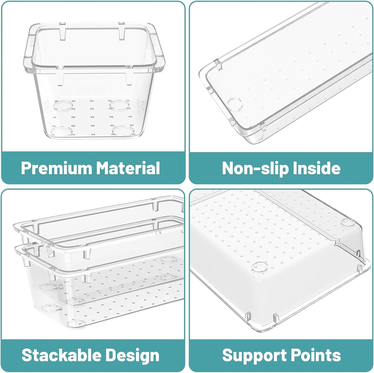 WOWBOX 32 PCS Clear Plastic Drawer Organizer Set, 4 Sizes Desk Drawer Organization and Storage Containers for Makeup, Cosmetics, Jewelry and Gadgets in Kitchen, Bathroom, Bedroom, Office, Clear Black