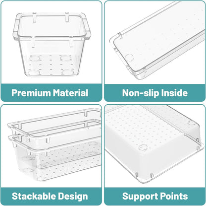 WOWBOX 32 PCS Clear Plastic Drawer Organizer Set, 4 Sizes Desk Drawer Organization and Storage Containers for Makeup, Cosmetics, Jewelry and Gadgets in Kitchen, Bathroom, Bedroom, Office, Clear Black
