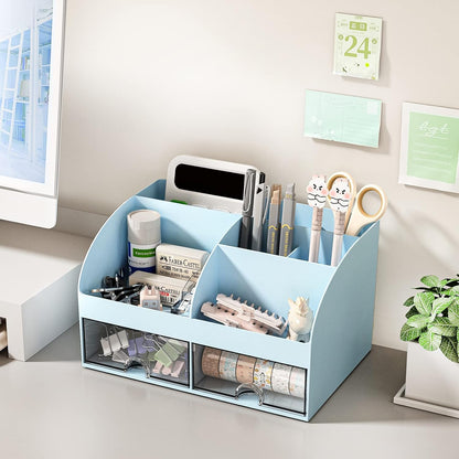 COMFYROOM Desk Organizer with 6 Compartments and 2 Drawers, Plastic Makeup Organizer, Pen Holder for Desktop Storage, Desk Organization for School, Home, Office Supplies (White)
