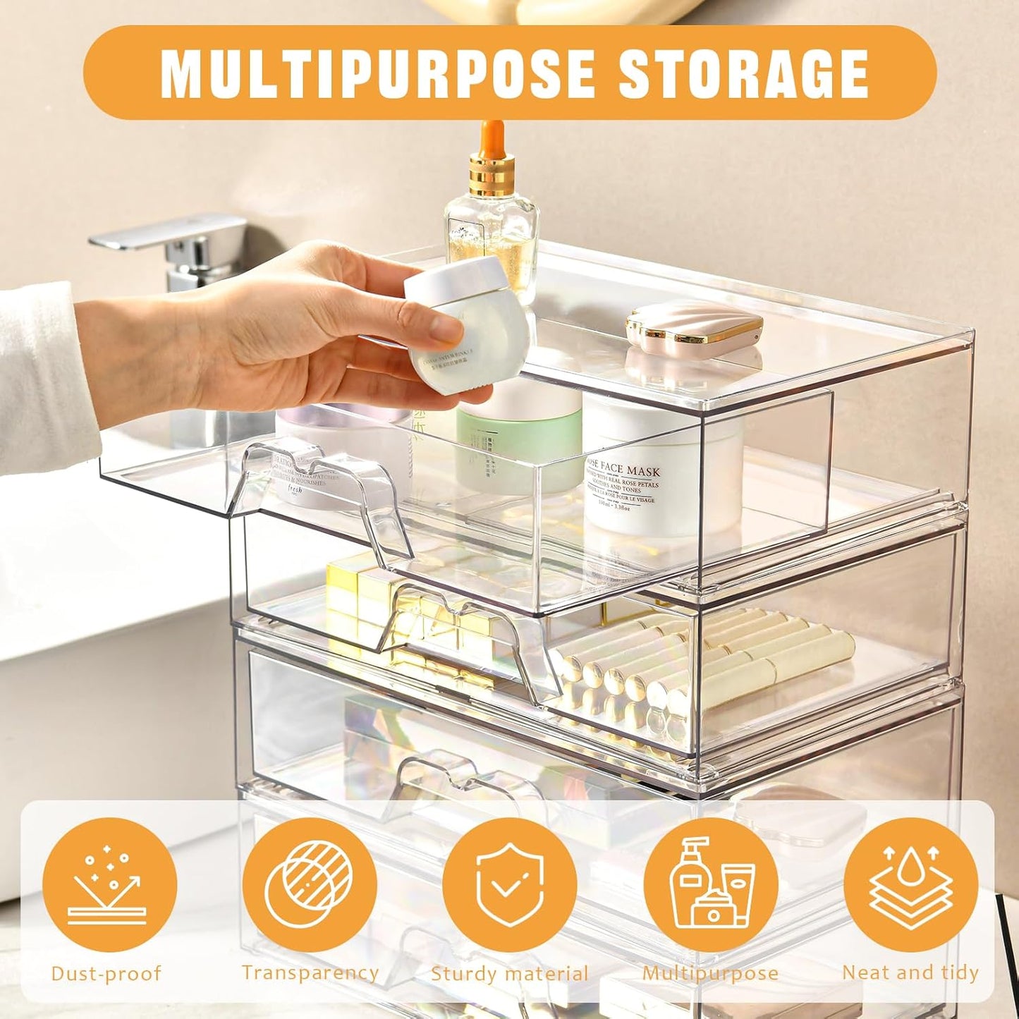 Stebopum 6 Pack Stackable Makeup Organizer, 4.4'' Tall Acrylic Bathroom Makeup Organizer and Storage Drawer with Pull-out Handle, Clear Plastic Storage Bins for Vanity,Pantry,Desk,Undersink,Kitchen