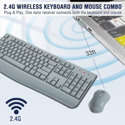 Wireless Keyboard and Mouse Combo, EDJO 2.4G Full-Sized Ergonomic Computer Keyboard with Wrist Rest and 3 Level DPI Adjustable Wireless Mouse for Windows, Mac OS Desktop/Laptop/PC