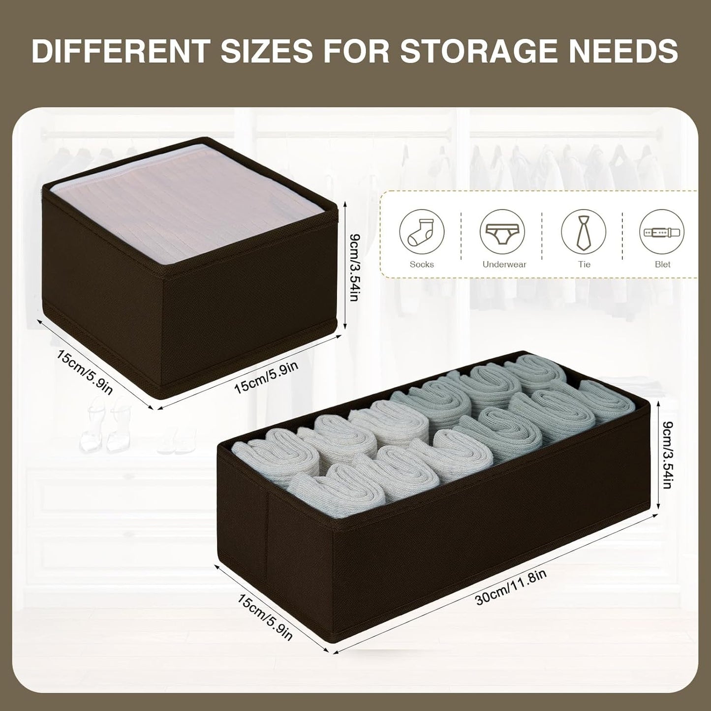 DIMJ Drawer Organizers Clothes, Dresser Organizer Bins for Baby Clothes,Underwear and Sock, Fabric Closet Organization and Storage Boxs, Drawer Dividers for Nursery, Clothing, Tie - 4 Pack, Beige