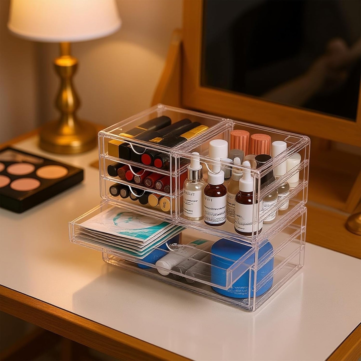 Acrylic Makeup Organizer with 6 Drawers, 11" Stackable Office Desk Organizer Accessories, Clear Bathroom Storage Drawers for Makeup Palettes, Cosmetics, Vanity, Art Craft Supplies