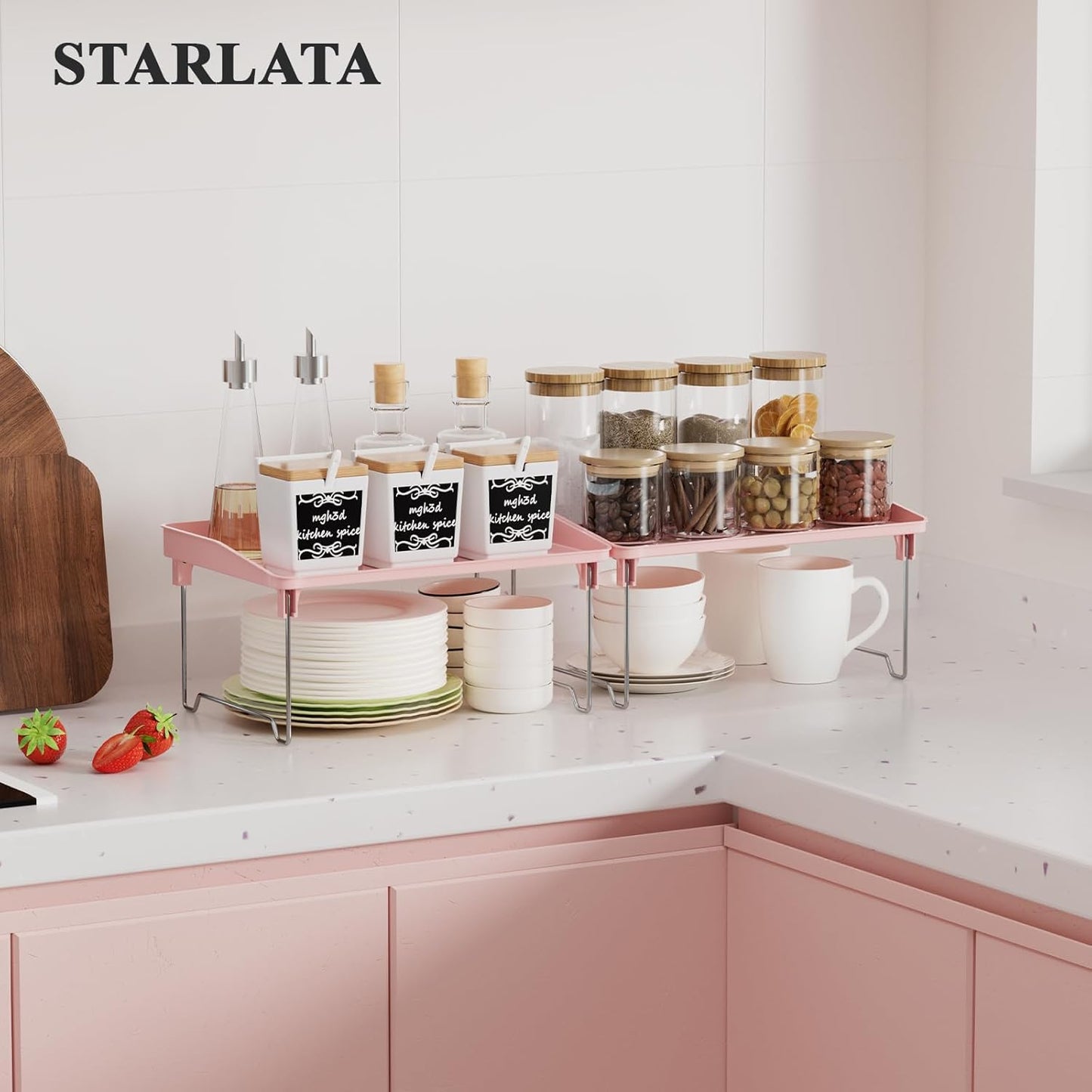 STARLATTA 2 Pcs Cabinet Organizer Shelf, Stackable Kitchen Counter Shelves, Spice Rack,Countertop Organizers, Clear Plastic Storage Shelves Rack for Makeup,Bathroom,Cupboard,Desk,Pantry Organization