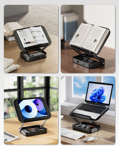Adjustable Book Stand with Storage Drawer, 360° Rotating Book Holder, Height & Angle Adjustable, Extra-Wide Page Clips for Thick Books, Wood & Aluminum Book Stand for Desk, Study, Kitchen