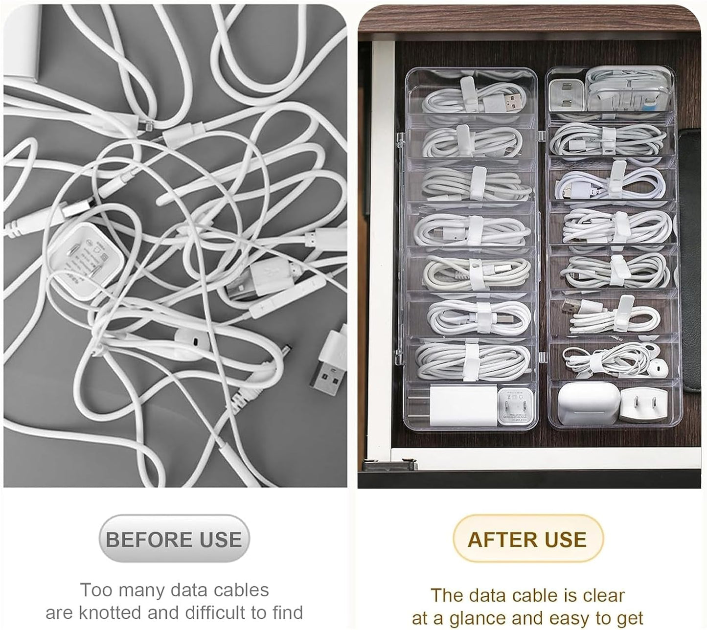 4 Pcs Cable Organizer with 40 Pcs Wire Ties, PlasticCord Storage Box with Clear Lid Electronics Cable Box for Home Office Supplies, Desk Organizers Accessories