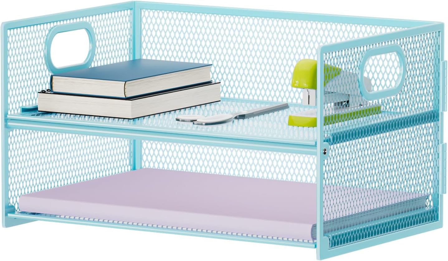 Marbrasse 2 Tier Paper Organizer Letter Tray, Mesh File Organizer with Handle, Paper Sorter Desk Organizer for Home Office Supplies - Black