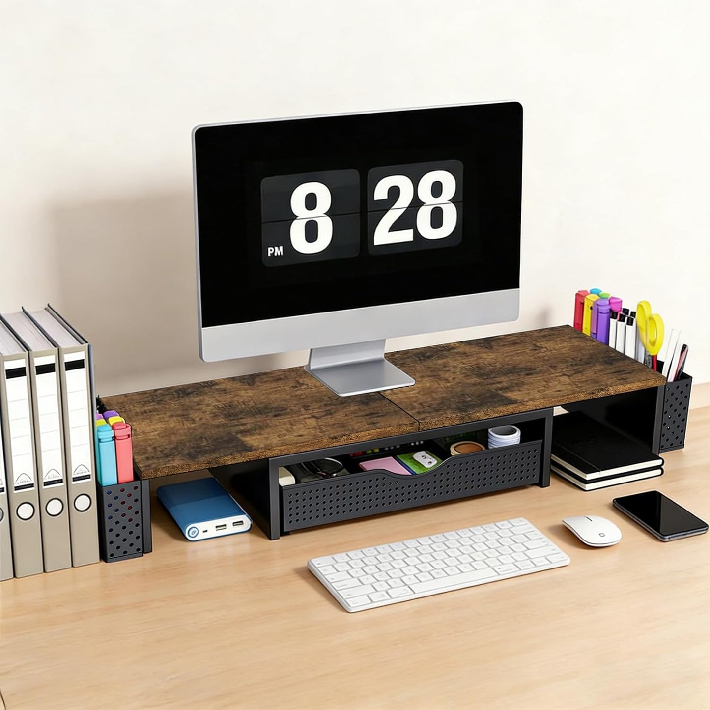 Spacrea Metal Desk Organizers and Accessories, Dual Monitor Stand Riser with Drawer and 2 Pen Holders, Book Racks, Desk Accessories & Workspace Desktop Organizers for Office Supplies (Black)