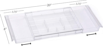 Masirs Expandable Drawer Organizer - Customizable Makeup Vanity Organizing Storage Tray for Bathroom, Bedroom & Desk Drawers - Clear Plastic Cosmetics Organizers with Expanding Compartment (Set of 2)