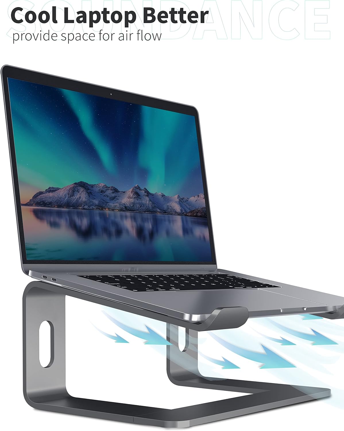 SOUNDANCE Laptop Stand, Aluminum Computer Riser, Ergonomic Laptops Elevator for Desk, Metal Holder Compatible with 10 to 15.6 Inches Notebook Computer, Silver