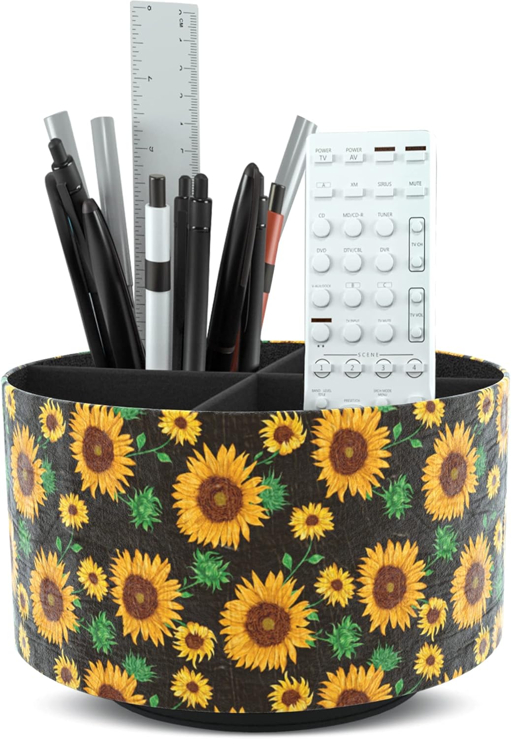 Hennaja Round Leather Art Supply Organizer,Remote Control Holder,360 Degree Rotating,Multi-Functional Pencil Holder,4 Compartments Desktop Stationary Organizer(1-Blue Bird) - Colors A