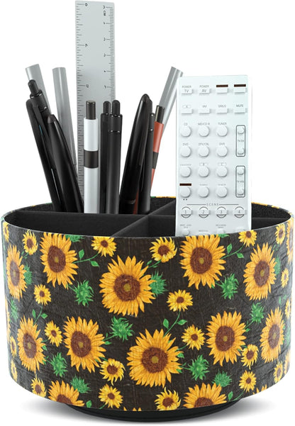Hennaja Round Leather Art Supply Organizer,Remote Control Holder,360 Degree Rotating,Multi-Functional Pencil Holder,4 Compartments Desktop Stationary Organizer(1-Blue Bird) - Colors A