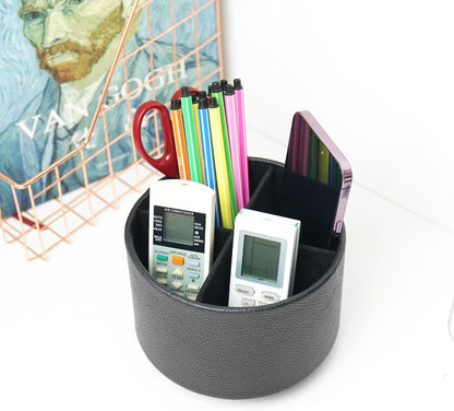 Hennaja Round Leather Art Supply Organizer,Remote Control Holder,360 Degree Rotating,Multi-Functional Pencil Holder,4 Compartments Desktop Stationary Organizer(1-Blue Bird) - Colors A