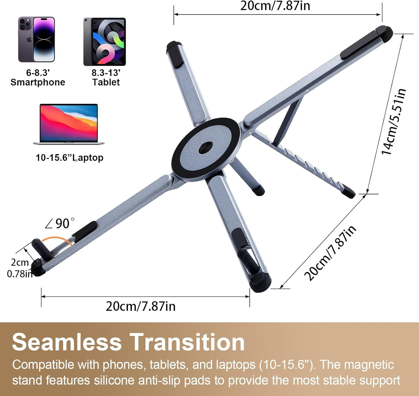 3-in-1 Foldable Magnetic Phone Tripod Stand, Portable Aluminum Alloy Adjustable Holder for Tablet, Laptop MacBook Pro/Air 10–16", Magnet Phone Mount Compatible with MagSafe iPhone Android