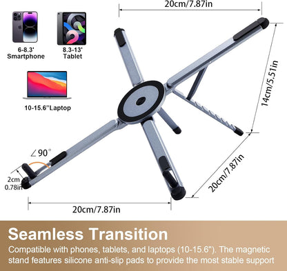 3-in-1 Foldable Magnetic Phone Tripod Stand, Portable Aluminum Alloy Adjustable Holder for Tablet, Laptop MacBook Pro/Air 10–16", Magnet Phone Mount Compatible with MagSafe iPhone Android