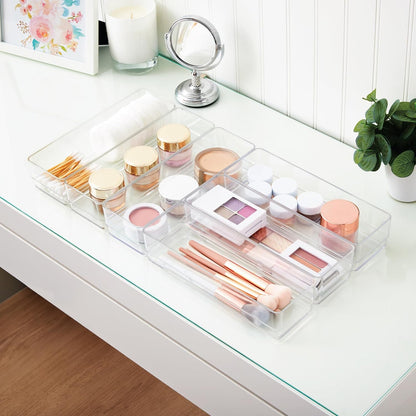 STORi SimpleSort 6-Piece Stackable Clear Drawer Organizer Set | 12" x 3" x 2" Rectangle Trays | Narrow Makeup Vanity Storage Bins and Office Desk Drawer Dividers | Made in USA